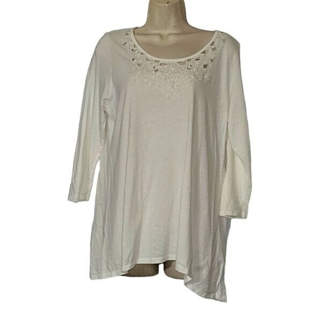J Jill Embroidered elliptical Tee Tunic Top Cotton Blend L White Summer Spring